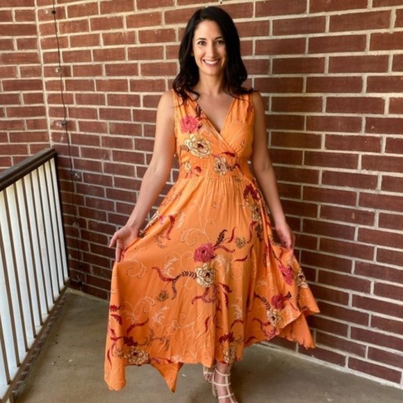 Orange Floral Hanky Hem Midi Dress - Picture 3 of 13